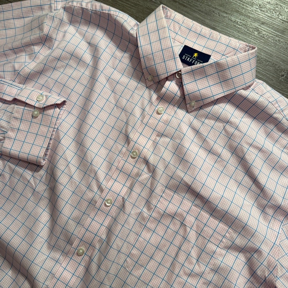 Stafford Shirt Mens 17.5 Pink Blue Check Cotton Pinpoint Oxford Executive Classy